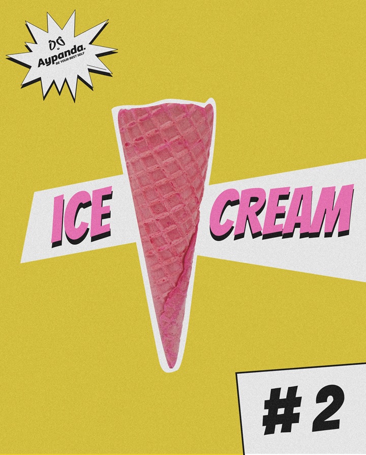 Portada vibrante de la colección Aypanda "ICE CREAM" #2, con un cono de helado rosa y diseño retro, representando moda de verano divertida y auténtica.