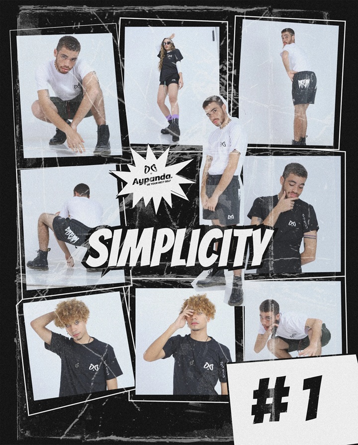 Collage promocional de la colección SIMPLICITY #1 de Aypanda, mostrando a modelos masculinos y femeninos con camisetas y shorts minimalistas, reflejando la moda casual y auténtica.