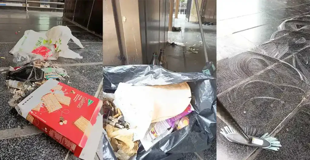 Collage de tres fotos: basura de botellón en el suelo, residuos en una bolsa negra, y suelo siendo limpiado con escoba.