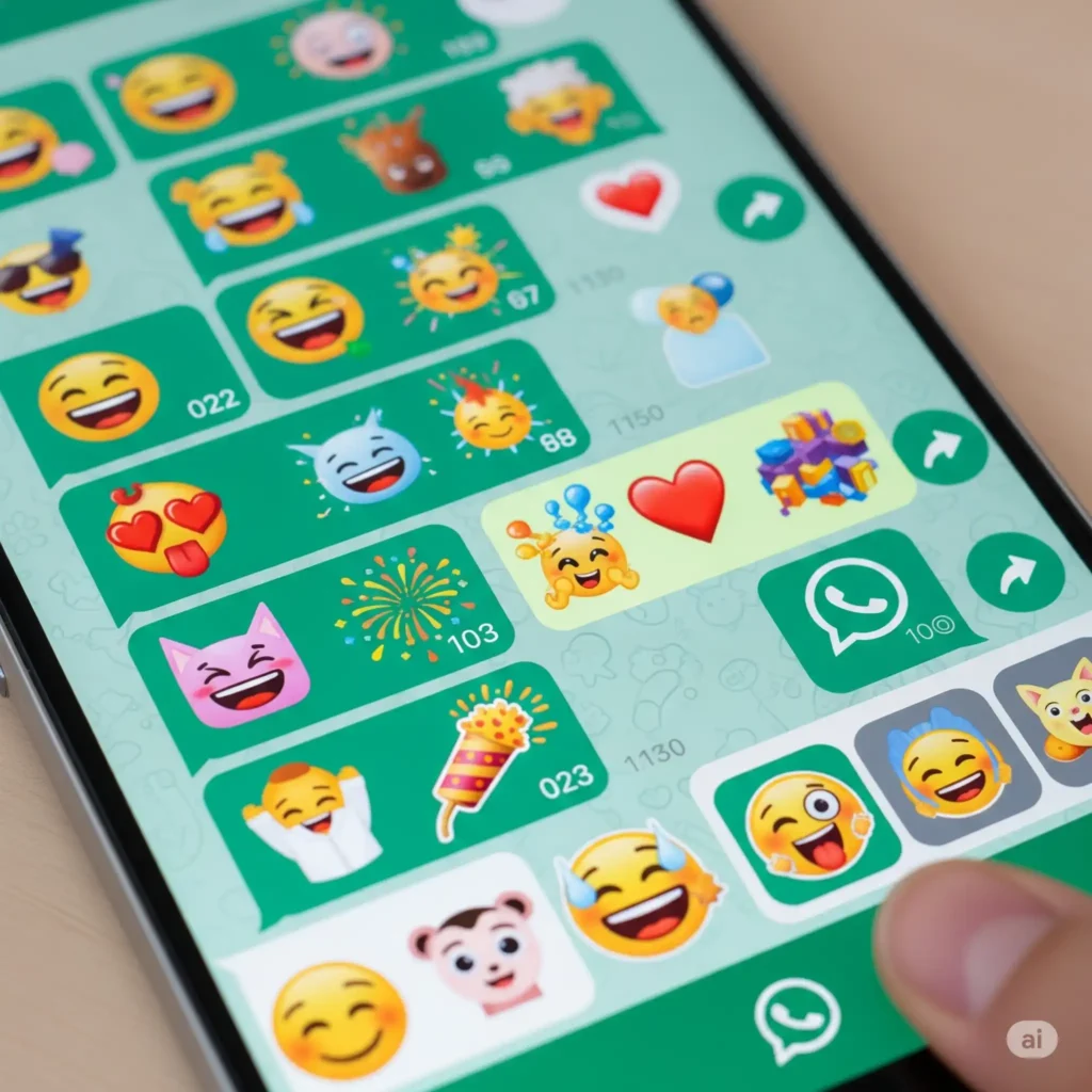 Aypanda | Expresa Alegría con Stickers de WhatsApp Captura de pantalla de un chat de WhatsApp lleno de stickers sonrientes y alegres, mostrando la expresión digital de Aypanda.