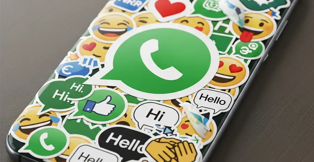 Teléfono móvil cubierto con stickers variados, incluyendo el logo de WhatsApp y emojis, representando el estilo digital de Aypanda.