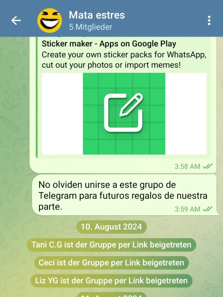 Aypanda | Cómo Compartir Stickers para WhatsApp Captura de un chat en grupo donde se comparte un paquete de **stickers para WhatsApp**, mostrando la forma de distribuirlos en comunidades de Aypanda.