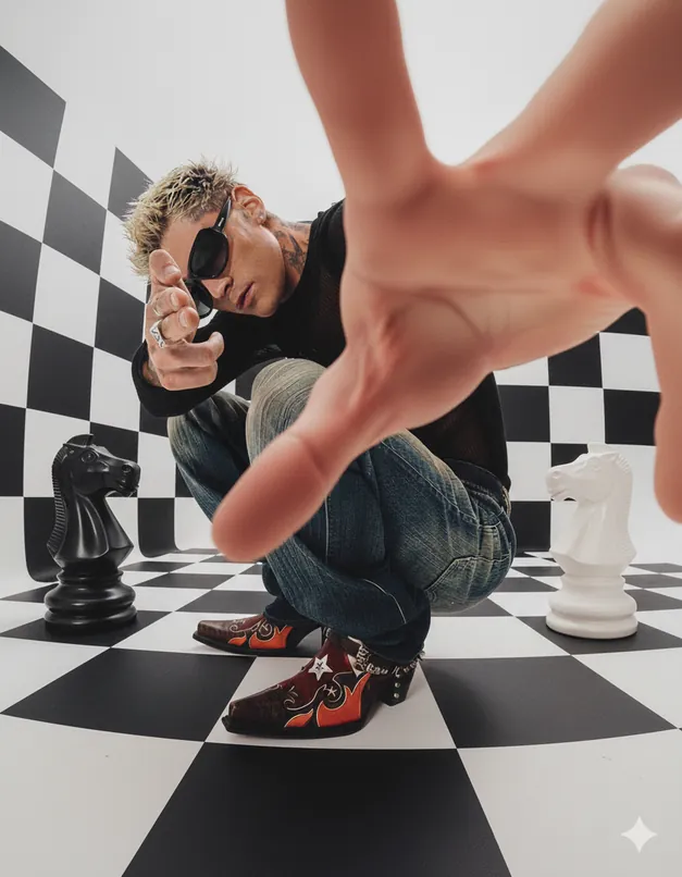 Fotografía de moda con tema estratégico de ajedrez y esculturas de caballo.