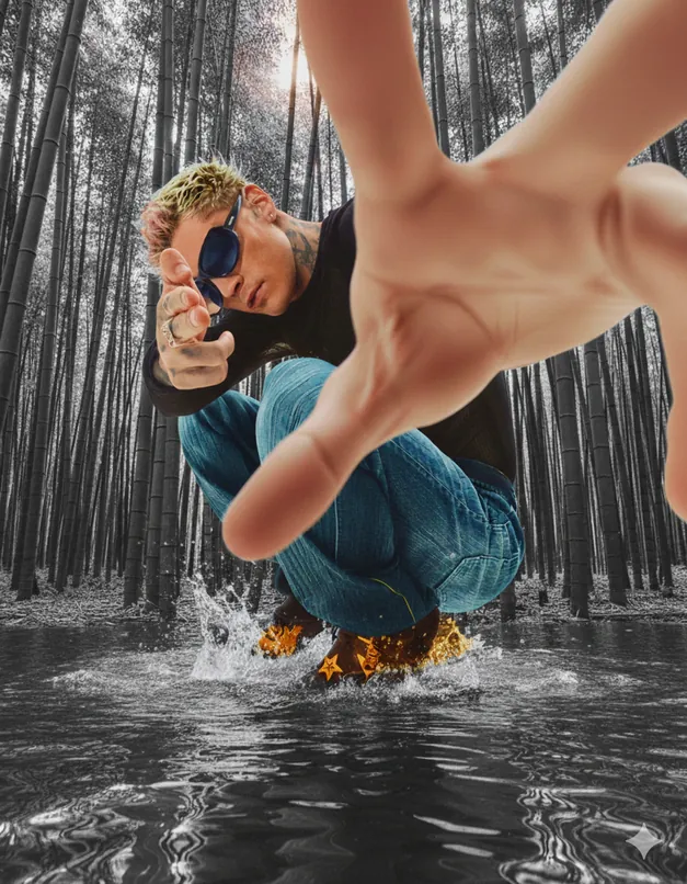 Fotografía de moda con reflejos de bambú y agua en el suelo