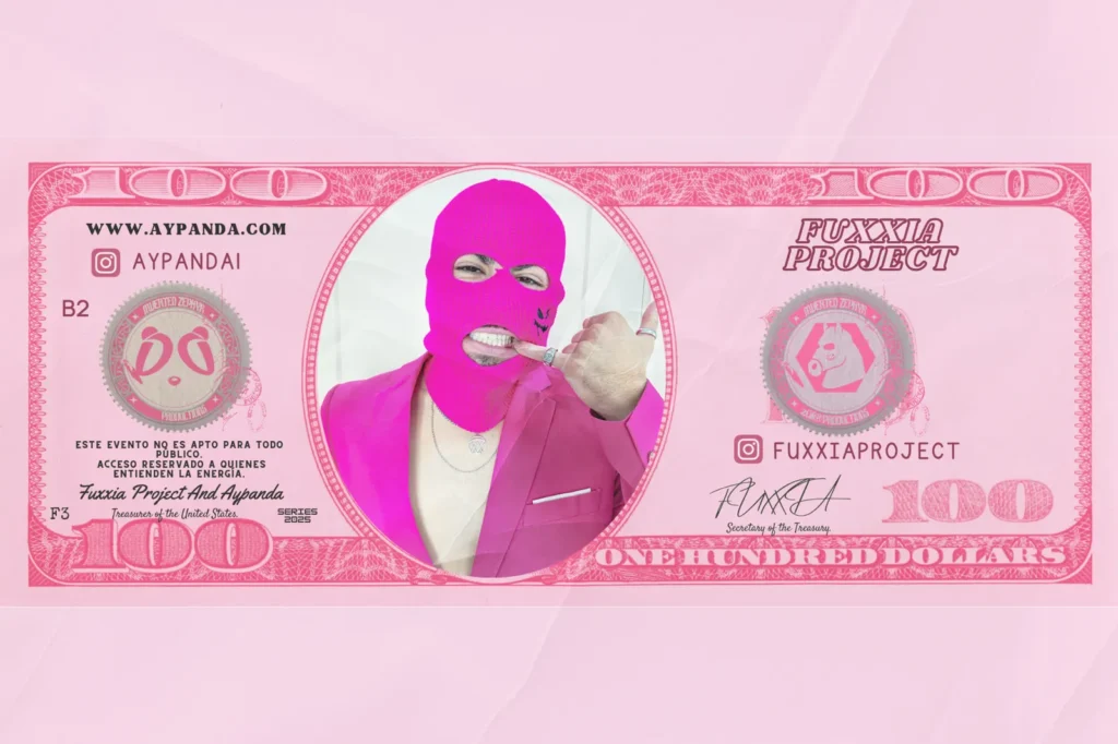 Billete promocional Fuxxia Project Aypanda, el pase al show en Madrid. Foto del diseño 'dinero de fuxxia'.