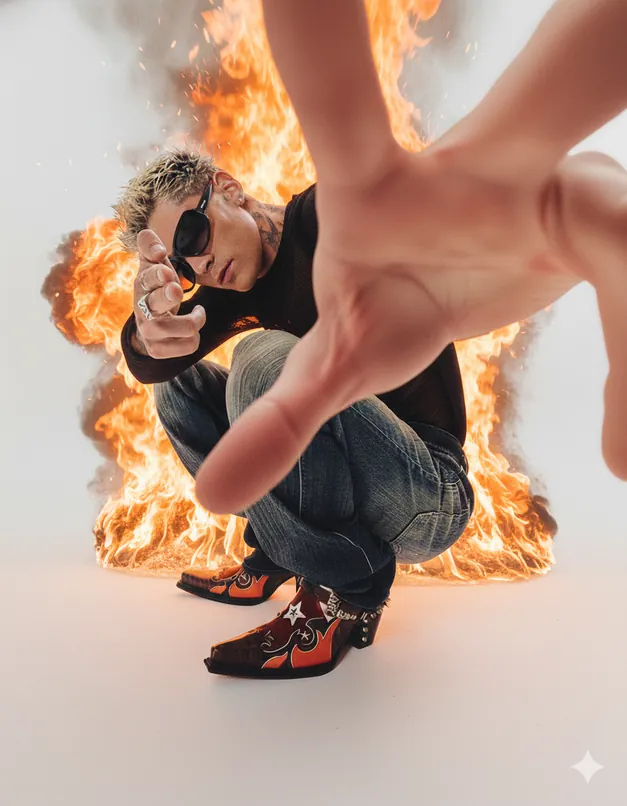 Fotografía de moda de alto impacto con fuego dramático de fondo y sujeto en pose dinámica.
