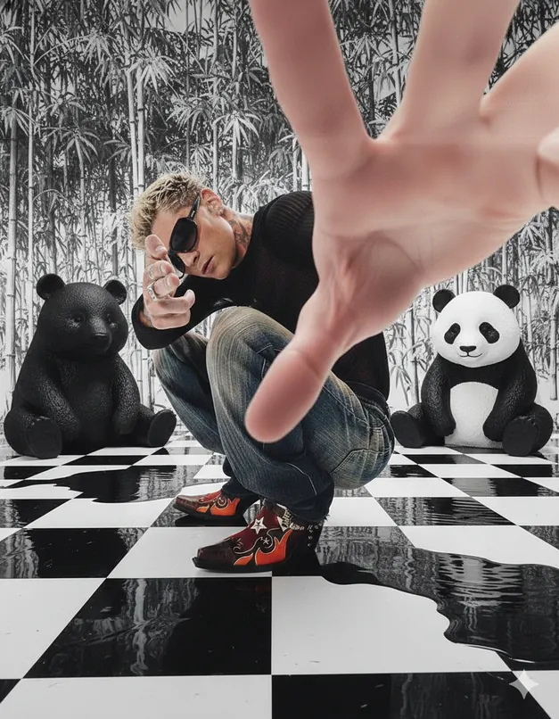 Fotografía de moda zen con pandas, bambú y suelo de ajedrez, evocando calma.