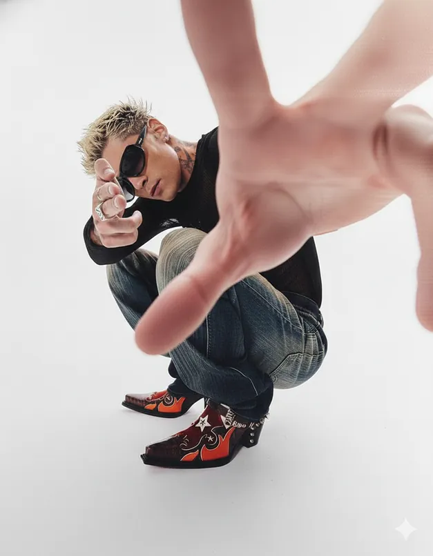 Fotografía de moda high key con sujeto agachado y mano en movimiento sobre fondo blanco minimalista.