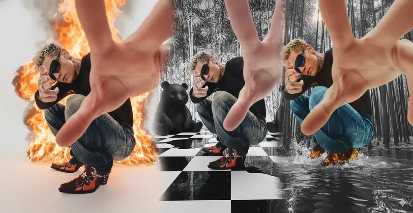 Fotografía de moda urbana con efecto de tríptico digital que muestra a un modelo masculino en cuclillas con estética vanguardista, rodeado por elementos de fuego, un bosque de bambú monocromático y agua en movimiento.